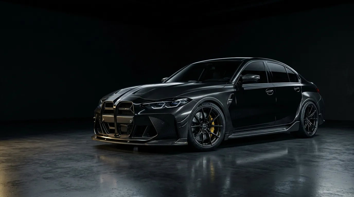 Black performance saloon with a carbon fibre body kit